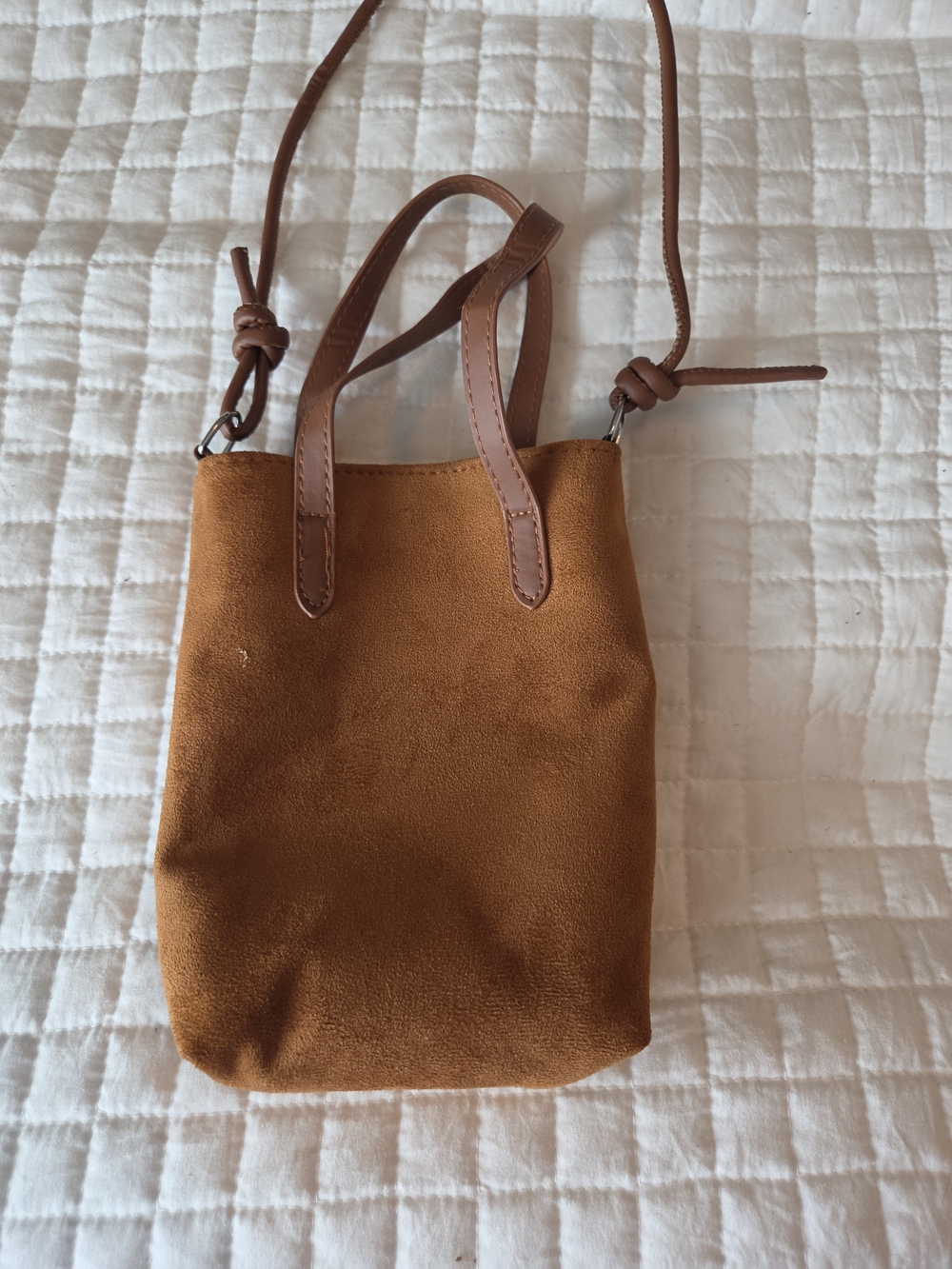 Compact Suede Crossbody Tote in Tan